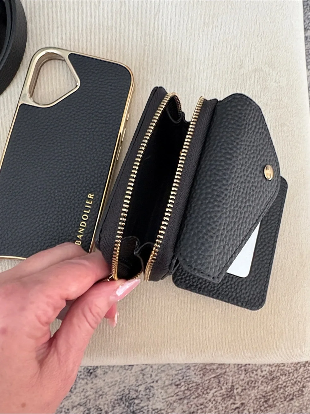 Bandolier Black Leather Crossbody Phone Case Set with Gold Hardware